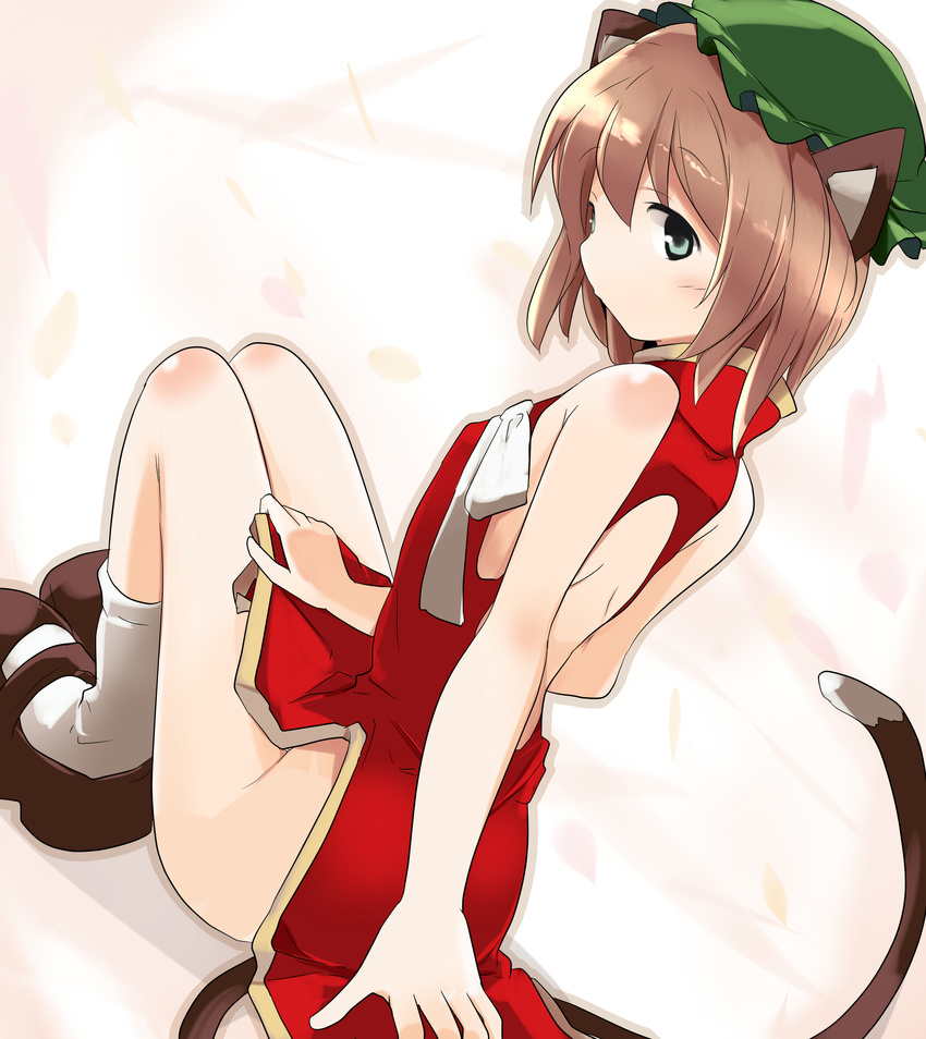 absurdres animal_ears back_cutout bare_arms bare_legs brown_footwear brown_hair cat_ears cat_tail chen china_dress chinese_clothes dress green_eyes green_hat hat highres knees_up mukuroi shoes side_slit simple_background sitting socks solo tail touhou white_background white_legwear