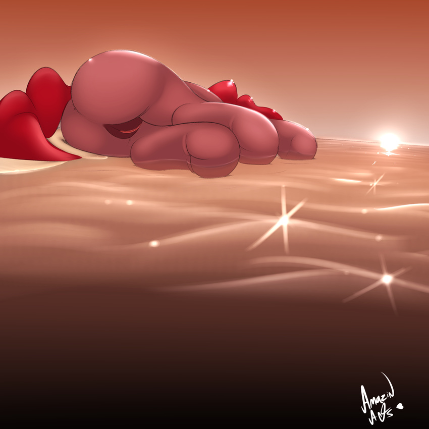 2016 amazin-arts beach butt casual_nudity equine evening female friendship_is_magic fur hair hi_res horse low-angle_view lying mammal my_little_pony nude on_side orange_sky partially_submerged pink_fur pink_hair pink_skin pinkie_pie_(mlp) pussy sand seaside semi-anthro solo sun water