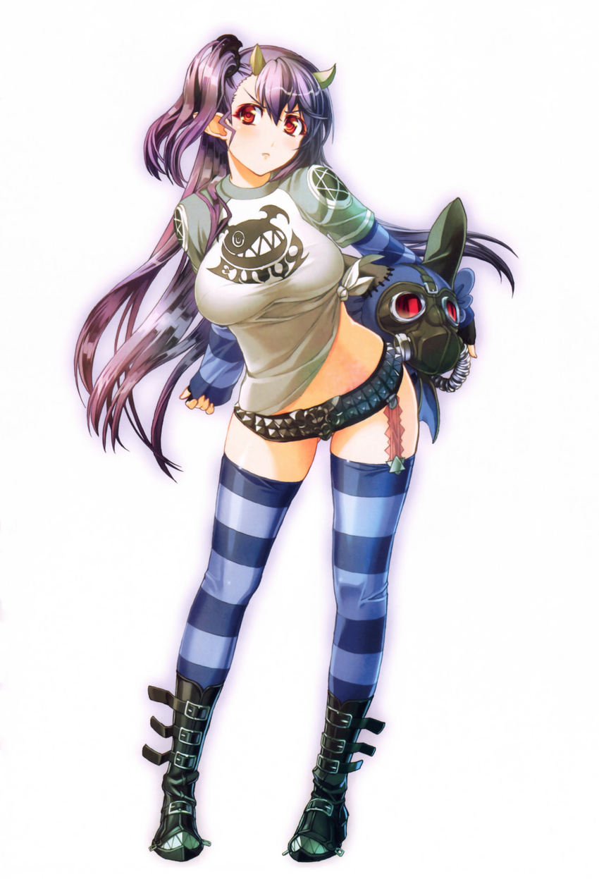 absurdres ass_visible_through_thighs bangs belt beltskirt black_footwear blush boots breasts closed_mouth demon_girl eyebrows_visible_through_hair full_body gas_mask hair_between_eyes highres horns knee_boots large_breasts legs_apart leviathan_(the_seven_deadly_sins) long_hair looking_at_viewer medium_breasts midriff nishii_(nitroplus) no_pants one_side_up pentagram pointy_ears purple_hair raglan_sleeves red_eyes scan shirt simple_background sleeves_past_wrists solo standing striped striped_legwear striped_sleeves studded_belt the_seven_deadly_sins thighhighs thighs very_long_hair white_background