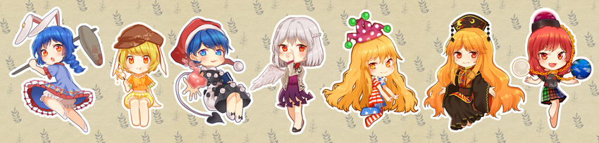 :t ambiguous_red_liquid american_flag_dress american_flag_legwear animal_ears barefoot black_dress black_shirt blonde_hair bloomers blue_dress blue_eyes blue_hair braid bunny_ears chain chibi chinese_clothes clothes_writing clownpiece crescent dango doremy_sweet dream_soul dress ear_clip earth_(ornament) eating feathered_wings floppy_ears food hajin hat hecatia_lapislazuli highres jacket jester_cap junko_(touhou) kine kishin_sagume legacy_of_lunatic_kingdom long_hair long_image long_sleeves looking_at_viewer mallet miniskirt moon_(ornament) multicolored multicolored_clothes multicolored_skirt multiple_girls neck_ruff nightcap off-shoulder_shirt open_clothes open_jacket orange_shirt pantyhose polka_dot polos_crown pom_pom_(clothes) purple_skirt red_eyes red_hair ribbon ringo_(touhou) seiran_(touhou) shiny shiny_hair shirt shoes short_dress short_hair short_sleeves silver_hair single_wing skirt smile standing star star_print striped t-shirt tabard touhou underwear very_long_hair wagashi wavy_hair white_dress white_footwear white_wings wide_image wide_sleeves wings yellow_ribbon