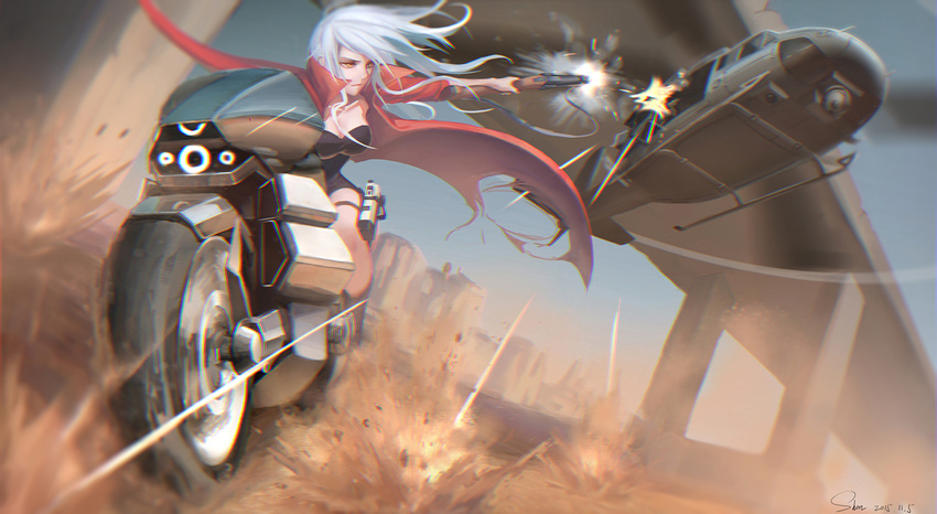 aircraft breasts bridge cleavage dated floating_hair ground_vehicle gun helicopter holding holding_gun holding_weapon large_breasts looking_away motor_vehicle motorcycle original shon signature uh-1_iroquois weapon white_hair yellow_eyes