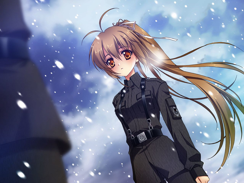 antenna_hair belt black_pants black_shirt brown_hair carnelian dutch_angle floating_hair game_cg hair_ribbon high_ponytail katia_waldheim military military_uniform official_art orange_eyes outdoors pants ribbon schwarzesmarken shirt sky snowing standing suspenders uniform white_ribbon