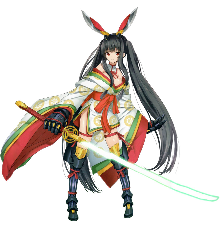 1girl absurdres bangs bare_shoulders black_hair boots breasts cover energy_sword eyebrows_visible_through_hair full_body gradient gradient_background highres holding holding_weapon japanese_clothes kaguya_(queen's_blade) kimono knee_boots large_breasts logo long_hair looking_at_viewer obi official_art queen's_blade queen's_blade_grimoire red_eyes saitou_masatsugu sash scan simple_background solo sword very_long_hair weapon wide_sleeves