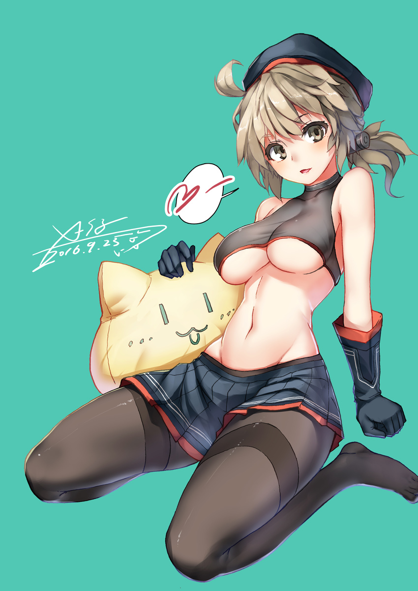 absurdres ahoge armpits artist_name black_skirt breasts chinese cushion dated full_body gloves green_background grey_eyes grey_hair hat heart highres holding large_breasts looking_at_viewer mahan_(zhan_jian_shao_nyu) midriff navel pantyhose parted_lips pleated_skirt seiza short_ponytail signature simple_background sitting skirt solo speech_bubble spoken_heart text_focus underboob x-boy zhan_jian_shao_nyu