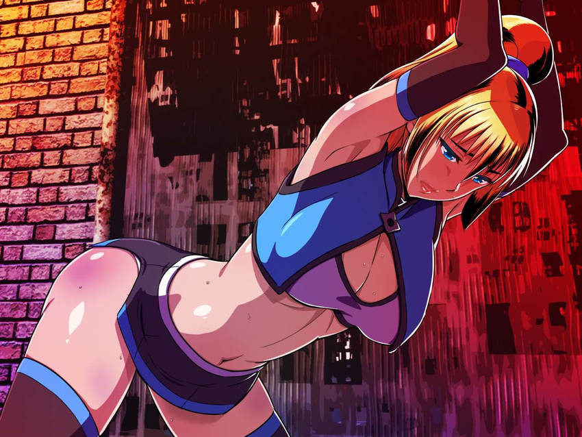 1girl armpits arms_up ass bare_shoulders bent_over black_skirt blonde_hair blue_eyes blush breasts cleavage elbow_gloves highres large_breasts legs long_hair looking_down midriff miniskirt nagisa_no_ketsubat navel original parted_lips ponytail skirt solo sweat thighhighs thighs yuki_(12cut)