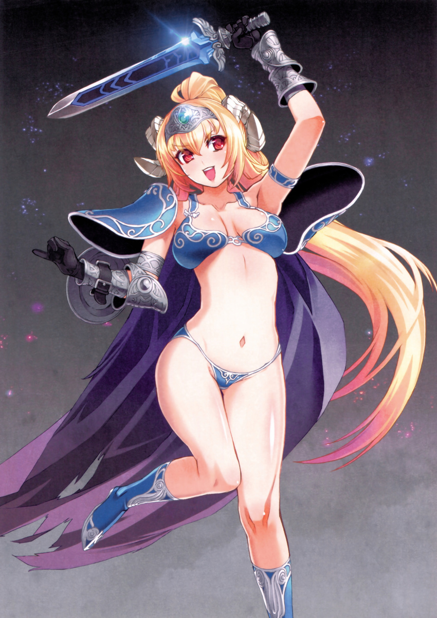 :d absurdres armor belt bikini_armor blonde_hair boots breasts buckler cape cleavage gloves high_ponytail highres horns knee_boots large_breasts leg_up legs long_hair lucifer_(the_seven_deadly_sins) navel nishii_(nitroplus) official_art open_mouth pauldrons ponytail red_eyes scan shield smile solo standing standing_on_one_leg sword the_seven_deadly_sins vambraces very_long_hair visor_(armor) weapon