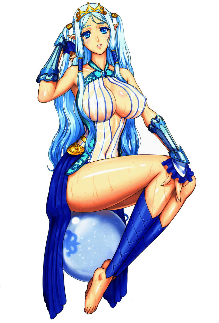 1girl absurdres arm_guards barefoot blue_eyes blue_hair breasts cleavage eiwa feet hair_ornament hair_tubes head_tilt highres jewelry large_breasts long_hair looking_at_viewer matching_hair/eyes mermaid monster_girl official_art parted_lips pointy_ears princess queen's_blade queen's_blade_grimoire scan sitting smile solo tina_(queen's_blade) toes wet wet_clothes
