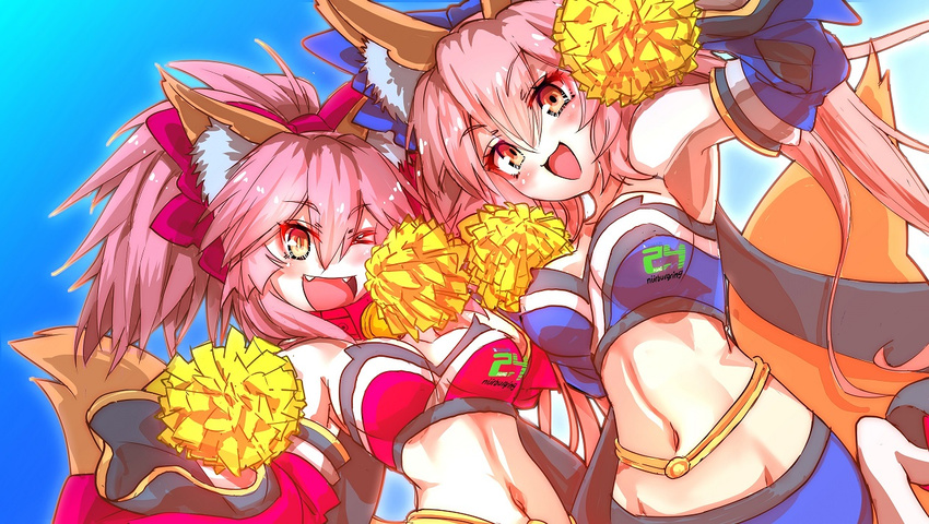 &gt;_o :3 animal_ear_fluff animal_ears armpits bell bell_collar blue_background bow breasts collar commentary_request detached_sleeves dual_persona fangs fate/grand_order fate_(series) fox_ears fox_tail gradient gradient_background hair_bow long_hair looking_at_viewer medium_breasts midriff multiple_girls navel one_eye_closed pink_hair pom_poms ponytail sidelocks tail tamamo_(fate)_(all) tamamo_cat_(fate) tamamo_no_mae_(fate) wisespeak yellow_eyes