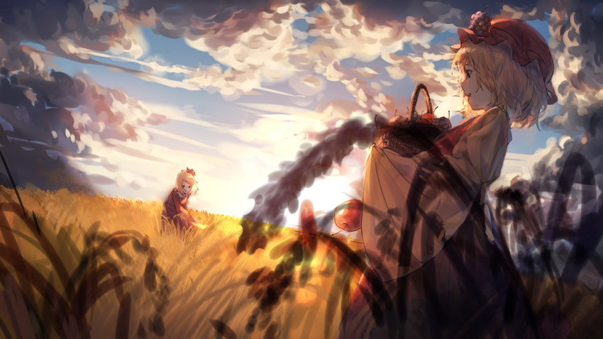 aki_minoriko aki_shizuha apple basket blonde_hair chun_lanlanlan cloud cloudy_sky commentary_request day dress food fruit grapes hat highres holding holding_basket long_sleeves looking_at_another mob_cap multiple_girls outdoors red_dress red_hat scenery siblings sisters sky touhou wide_sleeves