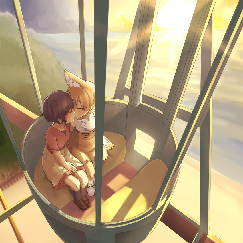 alternate_legwear animal_ears arm_at_side bangs black_hair black_legwear blonde_hair blush bow bowtie breasts brown_footwear closed_eyes couple elbow_gloves extra_ears eyebrows_visible_through_hair face-to-face ferris_wheel from_above gloves hand_on_own_thigh highres horizon initsukkii kaban_(kemono_friends) kemono_friends kiss kneehighs loafers multiple_girls no_hat no_headwear ocean serval_(kemono_friends) serval_ears shadow shoes short_hair shorts side-by-side sitting small_breasts sunset v-neck yuri