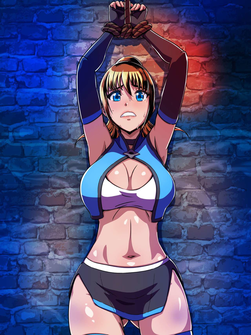 1girl against_wall armpits arms_up bare_shoulders blonde_hair blue_eyes blush breasts choker cleavage cowboy_shot elbow_gloves highres indoors large_breasts legs long_hair looking_at_viewer midriff miniskirt nagisa_no_ketsubat navel original ponytail restrained rope skirt solo standing sweat thighs tied_up wall yuki_(12cut)