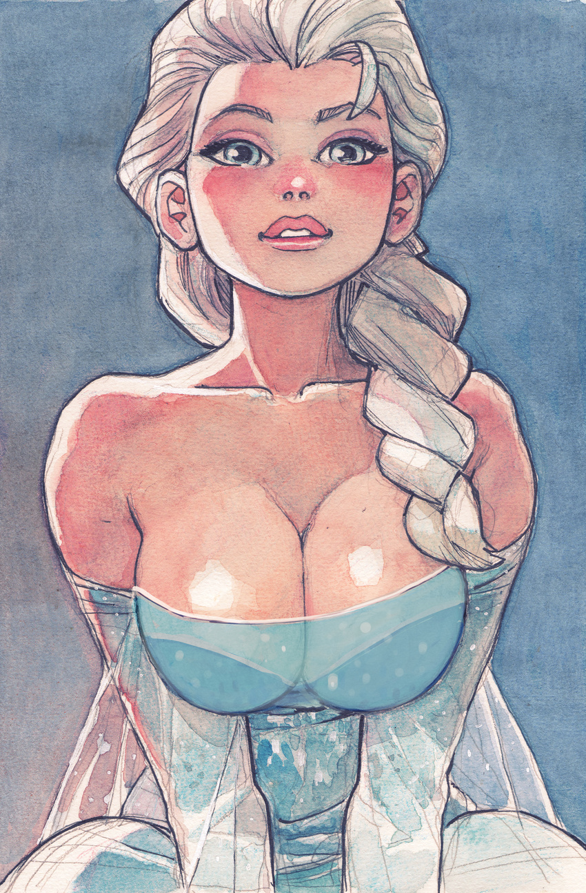 bare_shoulders blue_eyes braid breast_squeeze breasts cleavage collarbone detached_sleeves dress elsa_(frozen) frozen_(disney) hair_over_shoulder highres joel_jurion large_breasts lips long_hair single_braid solo strapless strapless_dress thick_lips traditional_media v_arms watercolor_(medium) white_hair