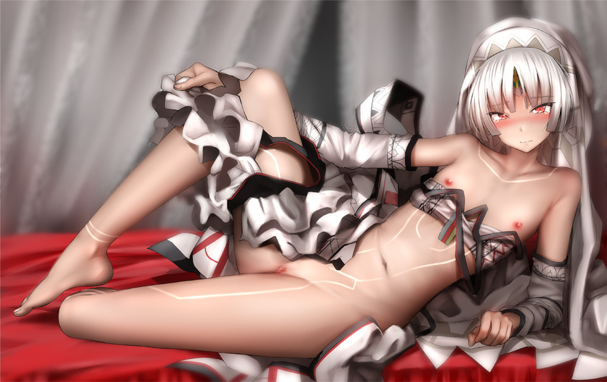 altera_(fate) bangs bare_feet bare_shoulders barefoot blunt_bangs blush censored collarbone dark_skin detached_sleeves embarrassed fate/extra fate/grand_order fate_(series) feet flat_chest full_body_tattoo ginhaha long_sleeves lying navel nipples partially_undressed pussy red_eyes short_hair solo tattoo tears thighs veil white_hair