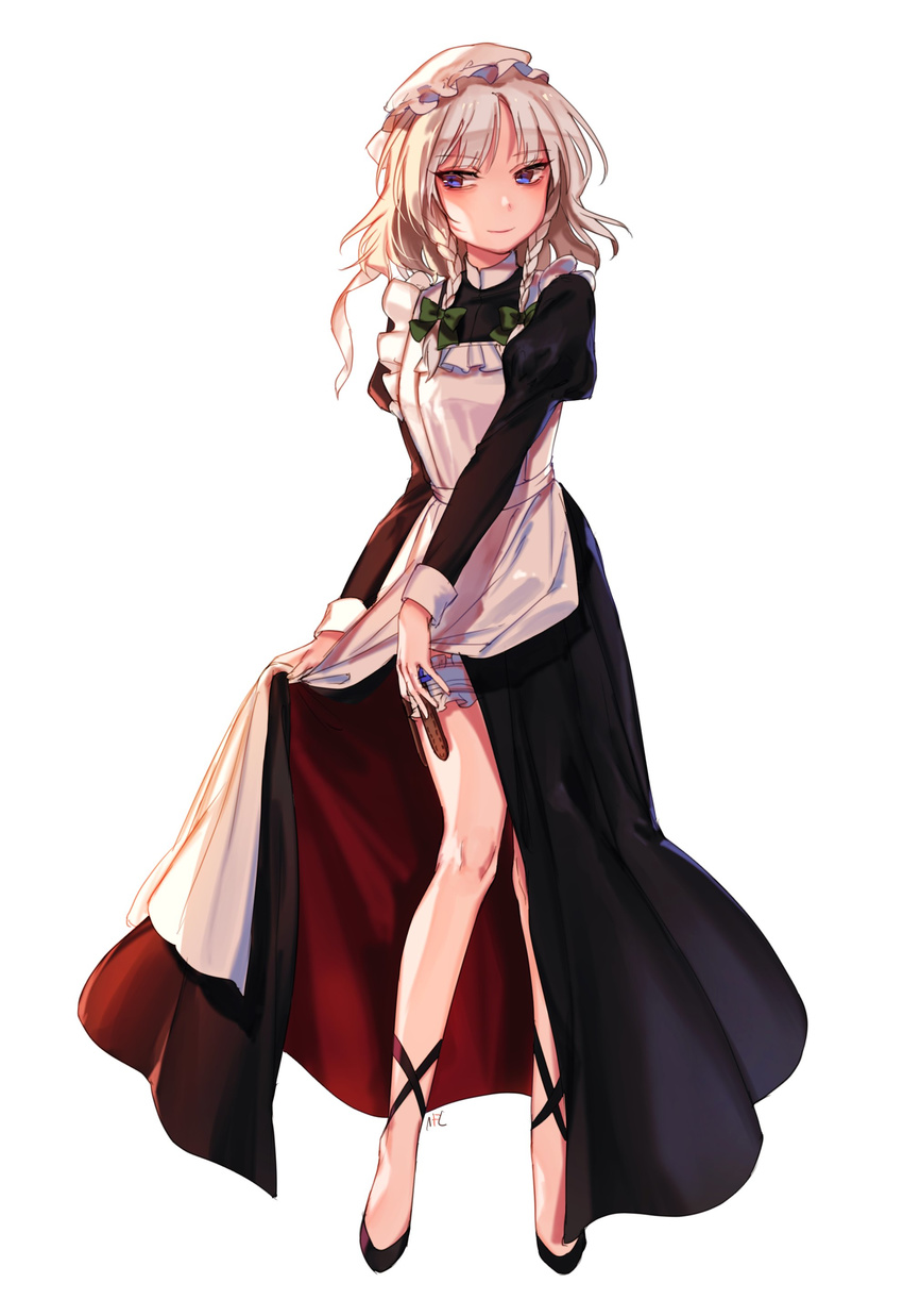 absurdres apron black_dress black_footwear blue_eyes bow braid dress full_body green_bow hair_bow highres izayoi_sakuya juliet_sleeves light_smile long_sleeves maid_headdress puffy_sleeves shan shoes side_slit silver_hair simple_background solo standing touhou twin_braids white_background