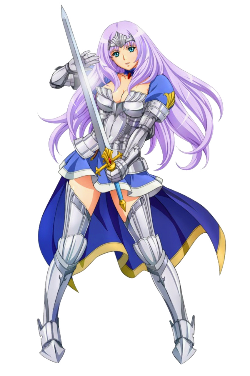1girl annelotte armor armored_dress blue_eyes boots breasts cape choker cleavage contrapposto eiwa forehead_protector full_body gauntlets greaves large_breasts legs long_hair lost_worlds purple_hair queen's_blade queen's_blade_rebellion skirt solo weapon