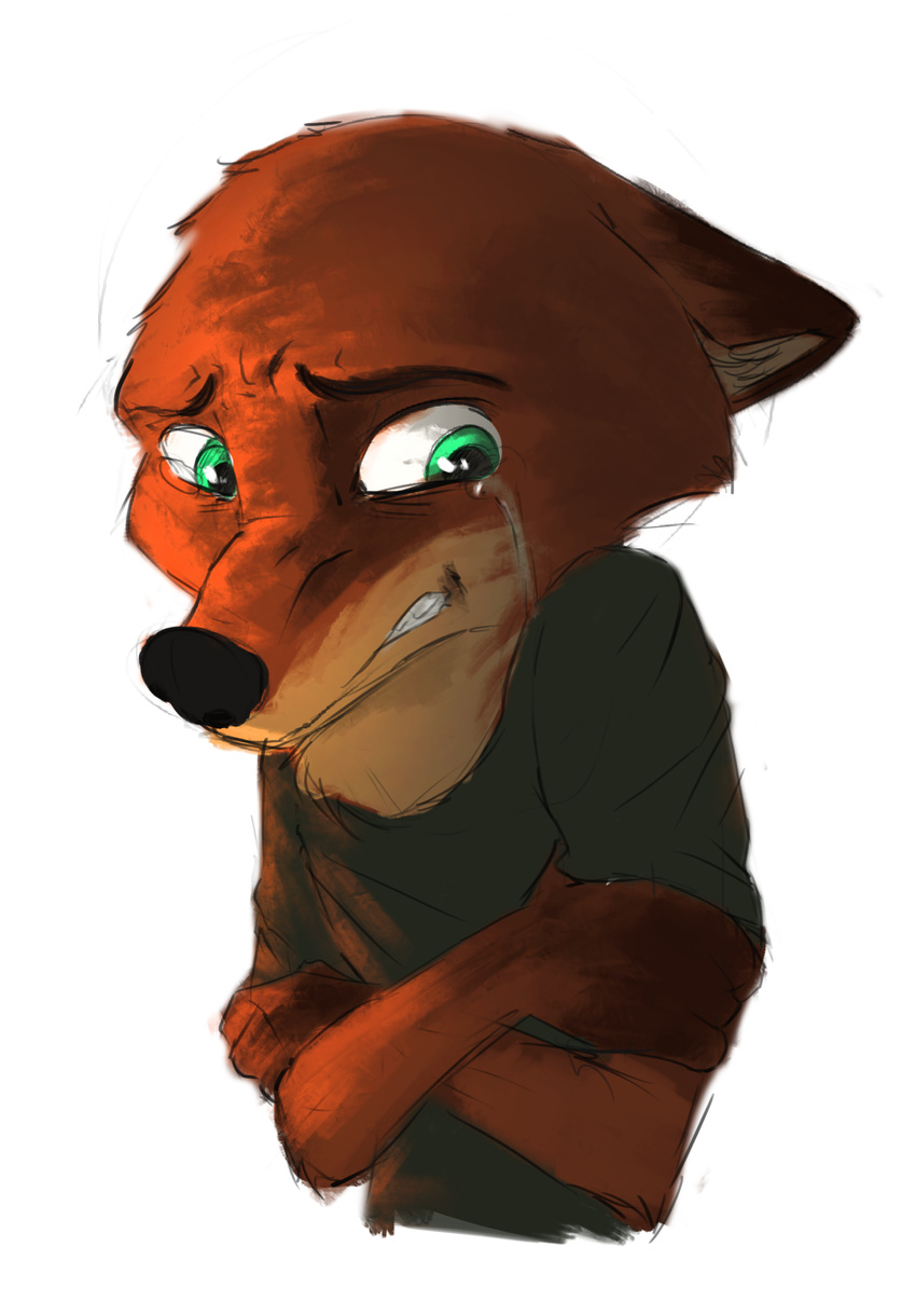 2016 anthro canine clothed clothing crossed_arms crying disney fox green_eyes half-length_portrait hi_res looking_away male mammal nick_wilde portrait simple_background solo sprinkah tears white_background zootopia