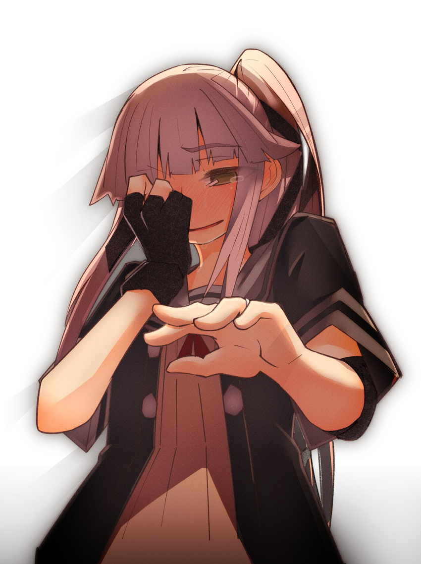 asymmetrical_gloves bangs black_gloves blush buttons commentary_request covering_face crying crying_with_eyes_open eyebrows eyebrows_visible_through_hair gloves hair_ribbon highres jacket jewelry kantai_collection long_hair neck_ribbon open_mouth partly_fingerless_gloves pink_hair ponytail reaching_out red_ribbon remodel_(kantai_collection) ribbon ring shaded_face short_sleeves simple_background smile solo tears tsuzuri_(tu-san_house) upper_body wedding_band white_background yura_(kantai_collection)