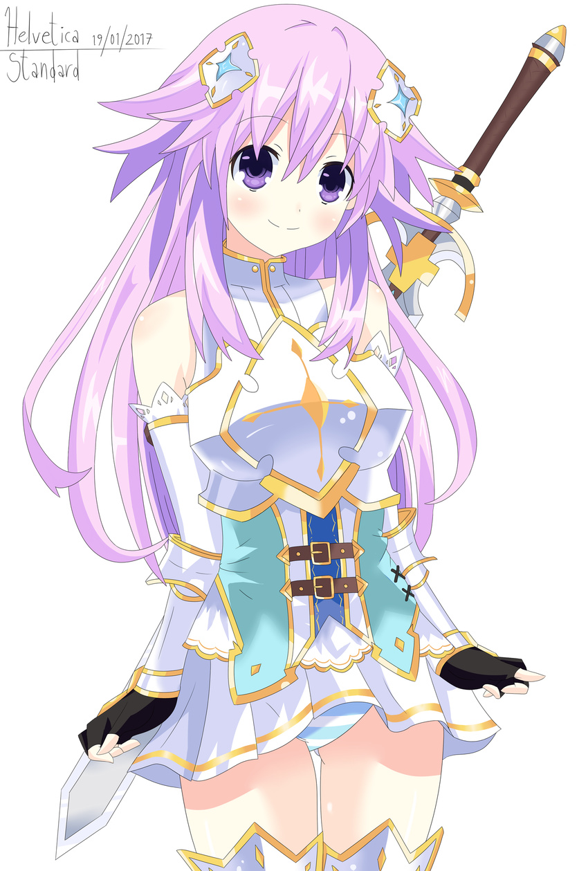 1girl adult_neptune armor breastplate cowboy_shot fingerless_gloves four_goddesses_online:_cyber_dimension_neptune gauntlets gloves hair_ornament helvetica_5tandard highres long long_hair looking_at_viewer neptune_(series) open_mouth pink_hair pleated_skirt purple_eyes purple_hair skirt smile solo striped sword thighhighs underwear weapon