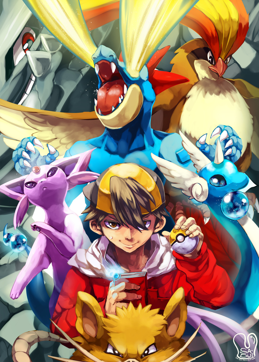ambiguous_gender avian baseball_cap beak bird black_hair claws clothed clothing dragonair eeveelution espeon feathered_wings feathers feral feraligatr fur glowing glowing_eyes gold_(pok&eacute;mon) group gs_ball hair hat head_wings hi_res human looking_at_viewer male mammal nintendo open_mouth pidgeot pok&eacute;ball pok&eacute;dex pok&eacute;mon pose rat raticate red_eyes reptile rodent sa-dui scalie smile steelix sweat sweatdrop team_pose teeth tongue tongue_out video_games wings