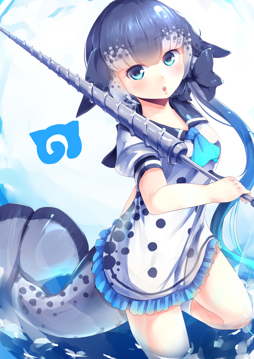 absurdres commentary_request dress drillhorn_sword highres japari_symbol kanzakietc kemono_friends multicolored_hair narwhal_(kemono_friends) narwhal_tail sailor_collar solo sword weapon