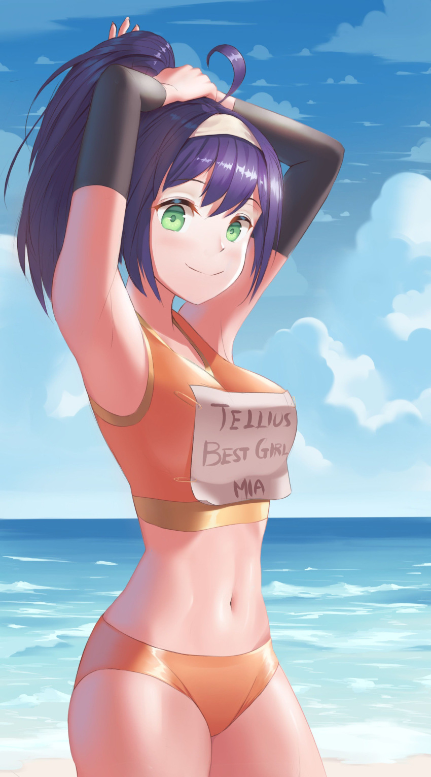 1girl absurdres ahoge armpits arms_up awan0918 belt breasts detached_sleeves elbow_pads fingerless_gloves fire_emblem fire_emblem:_souen_no_kiseki gloves green_eyes gym_shirt gym_shorts hairband headband highres knee_pads long_hair looking_at_viewer medium_breasts navel nintendo ponytail purple_hair red_shorts shirt shoes short_shorts shorts sleeveless sleeveless_shirt smile sneakers solo sportswear standing volleyball volleyball_uniform wayu_(fire_emblem) white_hairband white_headband