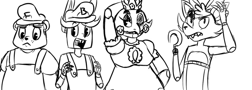 2015 animatronic anthro avian bear bird black_and_white bonnie_(fnaf) buckteeth canine chica_(fnaf) chicken clothing cosplay crossover crown eye_patch eyewear female five_nights_at_freddy's fox foxy_(fnaf) freddy_(fnaf) group hair_bow hair_ribbon hand_behind_head hat hook_hand inkyfrog lagomorph looking_at_viewer machine male mammal mario_bros monochrome nintendo one_eye_closed open_mouth open_smile overalls rabbit ribbons robot simple_background smile teeth video_games white_background wink