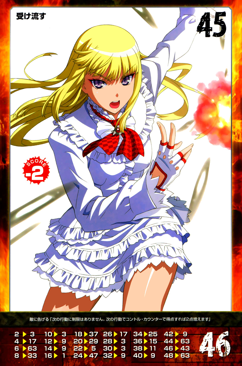 absurdres bangs blonde_hair breasts detached_sleeves dress eyebrows_visible_through_hair fingerless_gloves frilled_dress frills gloves highres lili_(tekken) long_hair long_sleeves looking_at_viewer medium_breasts morita_kazuaki official_art open_mouth purple_eyes queen's_gate short_dress simple_background solo white_background