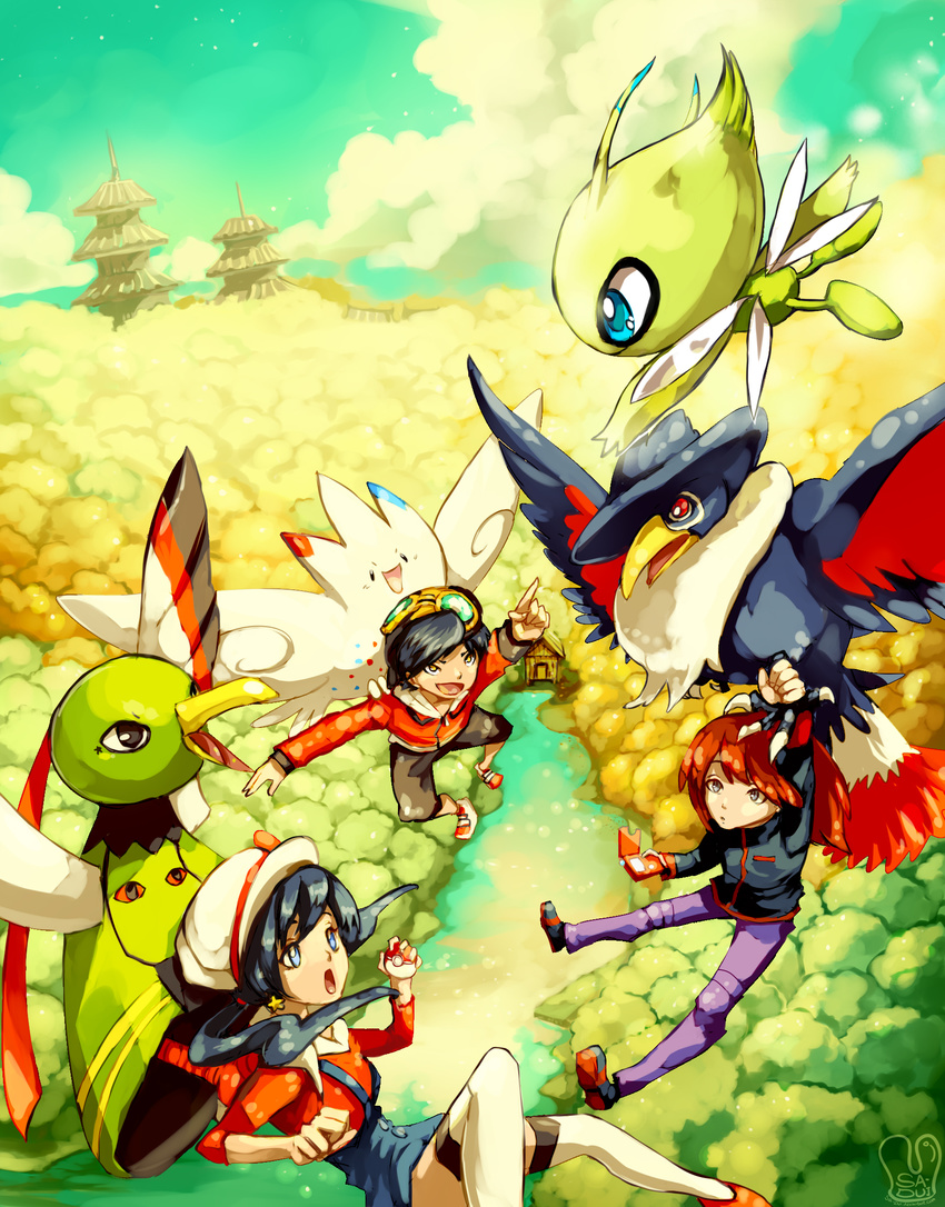 ambiguous_gender avian baseball_cap beak bird black_hair blue_eyes breasts brown_hair building celebi clothed clothing cloud corvid feathered_wings feathers female feral gold_(pok&eacute;mon) group hair hat hi_res honchkrow house human humanoid leaf legendary_pok&eacute;mon lyra_(pok&eacute;mon) male mammal nintendo open_mouth outside plant pok&eacute;dex pok&eacute;mon red_eyes river sa-dui silver_(pok&eacute;mon) sky smile star togekiss tongue tower tree video_games water wings xatu yellow_eyes