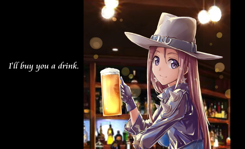 a4typhoon alcohol anchor_symbol beer beer_mug blue_shirt closed_mouth cowboy_hat cup earrings english from_side gloves grey_hat hair_between_eyes hands_up hat hat_belt highres holding holding_cup indoors jacket jewelry lights long_hair looking_at_viewer open_clothes open_jacket purple_eyes purple_gloves purple_hair purple_jacket shirt shoulder_spikes smile solo spikes star star_earrings tavern turning_head tuscaloosa_(zhan_jian_shao_nyu) zhan_jian_shao_nyu