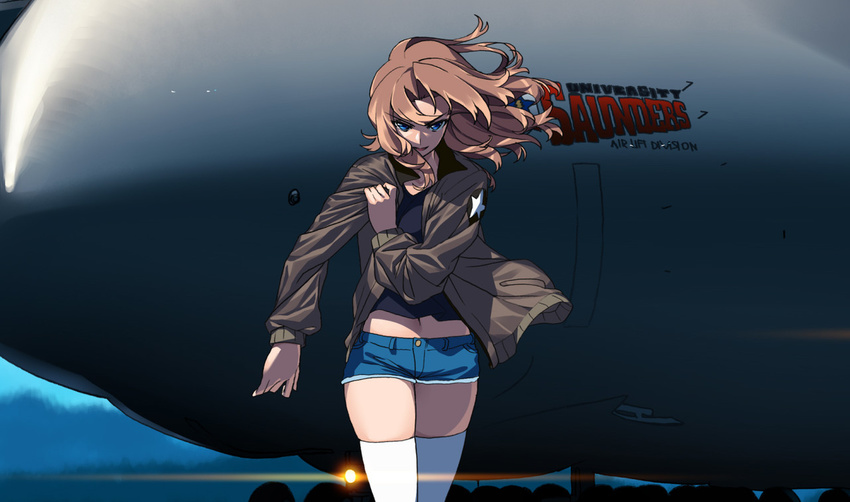 adjusting_clothes aircraft airplane black_tank_top blew_andwhite blonde_hair blue_eyes bomber_jacket commentary_request denim denim_shorts emblem girls_und_panzer jacket kay_(girls_und_panzer) long_hair midriff military military_uniform navel saunders_(emblem) saunders_military_uniform shorts skindentation solo tank_top thighhighs thighs uniform walking wind wind_lift