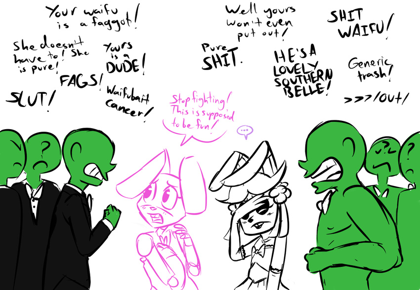 2015 animatronic anon anthro blush bonnie_(fnaf) bow_tie buckteeth clothed clothing crossdressing dialogue dress english_text facepalm five_nights_at_freddy's group human inkyfrog lagomorph lipstick machine makeup male mammal rabbit robot simple_background teeth text topless tuxedo video_games white_background