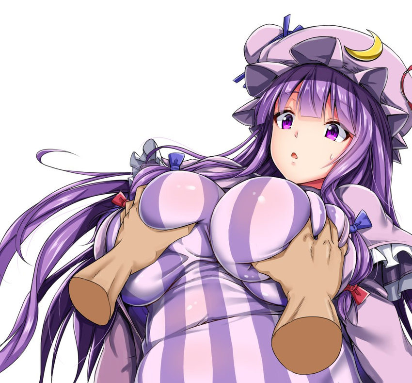 bangs belly blue_bow blunt_bangs bow breast_grab breasts capelet commentary_request covered_navel crescent crescent_hair_ornament disembodied_limb dress ebi_193 fat_folds grabbing hair_bow hair_ornament hands hat huge_breasts long_hair mob_cap patchouli_knowledge plump purple_eyes purple_hair red_bow simple_background solo_focus striped striped_dress touhou upper_body vertical-striped_dress vertical_stripes very_long_hair white_background