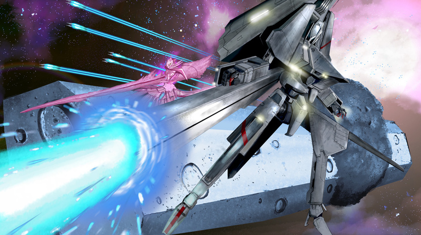 bad_id bad_pixiv_id battle beam_rifle commentary crater derivative_work dress energy_beam energy_cannon energy_gun fleet gauna i.t.o_daynamics lights mecha milky_way monster morito_(sidonia_no_kishi) realistic shiraui_tsumugi sidonia_no_kishi skirt space space_craft space_station sparks star_(sky) thrusters weapon zero_gravity