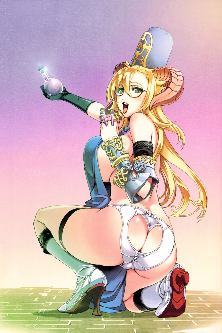 absurdres arm_up ass ass_cutout back bare_shoulders between_fingers black_gloves blonde_hair boots breasts demon_girl demon_horns elbow_gloves eyelashes from_behind gauntlets glasses gloves green_hair hand_up hat high_heel_boots high_heels highres horns knee_boots large_breasts lips long_hair looking_at_viewer looking_back mammon_(the_seven_deadly_sins) nishii_(nitroplus) no_bra official_art panties pelvic_curtain pink_lips potion revealing_clothes scan sideboob single_glove solo squatting the_seven_deadly_sins thigh_strap thong tongue tongue_out tube underwear upper_teeth white_footwear white_panties