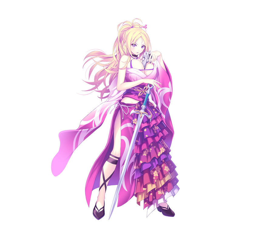 absurdres asymmetrical_clothes banned_artist between_breasts blonde_hair breasts full_body gun hair_ornament hairpin handgun high_ponytail highres holding holding_gun holding_sword holding_weapon large_breasts long_hair long_sleeves looking_at_viewer mana_kakkowarai off_shoulder official_art purple_eyes solo sword transparent_background valkyrie_drive valkyrie_drive_-bhikkhuni- viola_(valkyrie_drive) weapon wide_sleeves