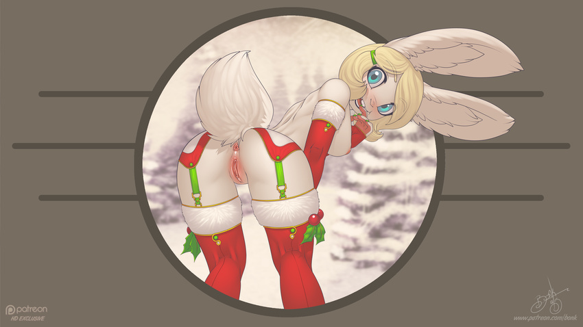 16:9 2016 absurd_res anthro anus areola armwear bent_over big_eyes blonde_hair blue_eyes bonk breasts butt clitoris clothed clothing colored_nails digital_media_(artwork) elbow_gloves erect_nipples female fur garter_belt garter_straps gloves green_nails hair hi_res holly_(plant) lagomorph legwear looking_at_viewer looking_back mammal nipples open_mouth partially_clothed plant presenting presenting_anus presenting_hindquarters presenting_pussy pussy rabbit raised_tail snow solo stockings thigh_highs tree white_fur winter