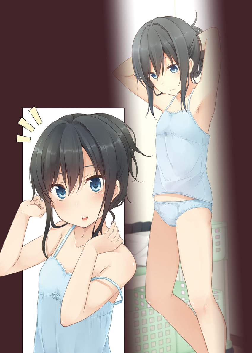 1girl alternate_hairstyle armpits arms_up asashio_(kantai_collection) bangs black_hair blue_eyes blue_panties camisole closed_mouth collarbone contrapposto expressionless flat_chest hair_between_eyes hair_up highres indoors kantai_collection laundry_basket looking_at_viewer looking_down multiple_views nagami_yuu non-web_source panties parted_lips short_ponytail standing strap_slip tying_hair underwear underwear_only