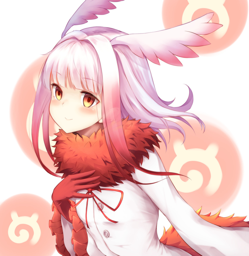 alternate_hair_color bad_id bad_pixiv_id bangs blunt_bangs blush feathers frilled_sleeves frills fur_trim gloves gradient_hair hand_on_own_chest head_wings highres japanese_crested_ibis_(kemono_friends) japari_symbol kemono_friends lavender_hair long_sleeves looking_at_viewer multicolored_hair nekomiyanono orange_eyes red_eyes red_gloves red_hair ribbon shirt short_hair_with_long_locks smile solo transparent white_background white_hair white_shirt wings yellow_eyes
