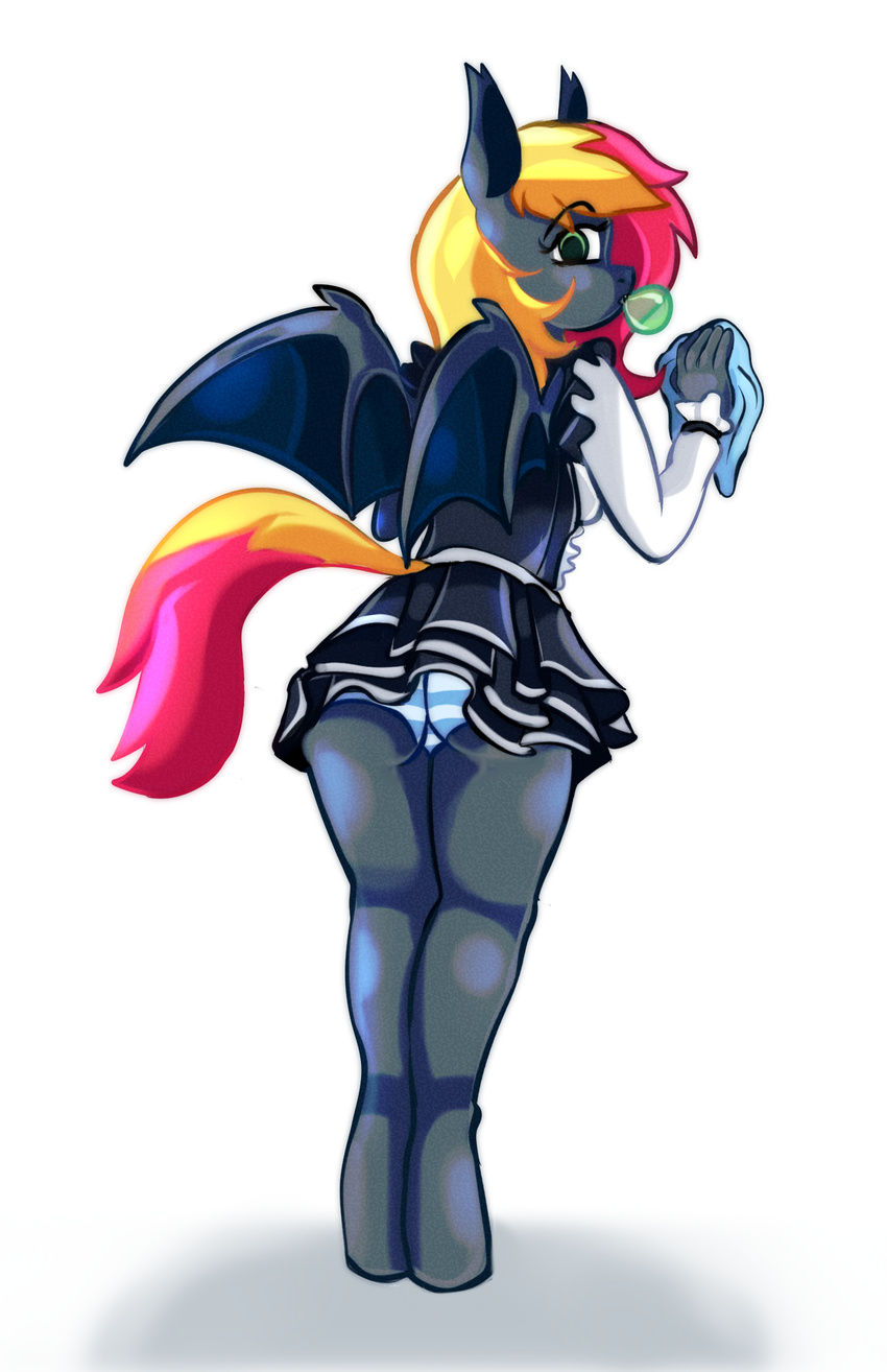 badkittenbunny bat_pony bat_wings candy cinder_shade clothing equine food friendship_is_magic green_eyes gum hair horse looking_at_viewer maid_uniform mammal membranous_wings multicolored_hair my_little_pony panties pony simple_background skirt underwear uniform upskirt white_background wings