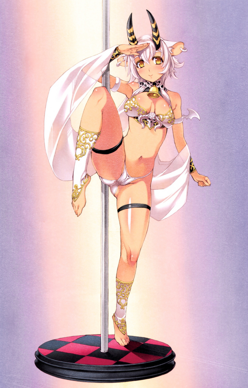 absurdres animal_ears armlet ass_visible_through_thighs bangs bare_shoulders bell belphegor_(the_seven_deadly_sins) breasts closed_mouth cow_bell cow_ears dark_skin demon_girl demon_horns detached_sleeves eyebrows_visible_through_hair fingernails full_body groin hair_between_eyes highres horns leg_up looking_at_viewer medium_breasts midriff navel nishii_(nitroplus) panties pole_dancing salute scan smile solo standing standing_on_one_leg stripper_pole the_seven_deadly_sins thigh_strap underwear white_hair white_panties yellow_eyes