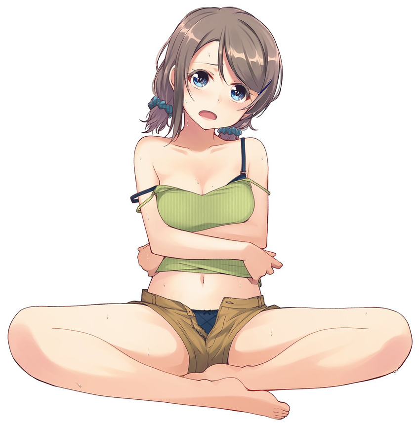 bangs bare_legs barefoot blue_bra blue_eyes blue_panties bra breast_hold breasts brown_hair camisole cleavage colored_eyelashes crossed_arms full_body hair_ornament hair_scrunchie hairclip highres indian_style looking_at_viewer love_live! love_live!_sunshine!! medium_breasts midriff nanotsuki navel open_fly open_mouth panties scrunchie short_hair short_shorts short_twintails shorts simple_background sitting solo strap_slip sweat swept_bangs twintails underwear unzipped watanabe_you white_hair