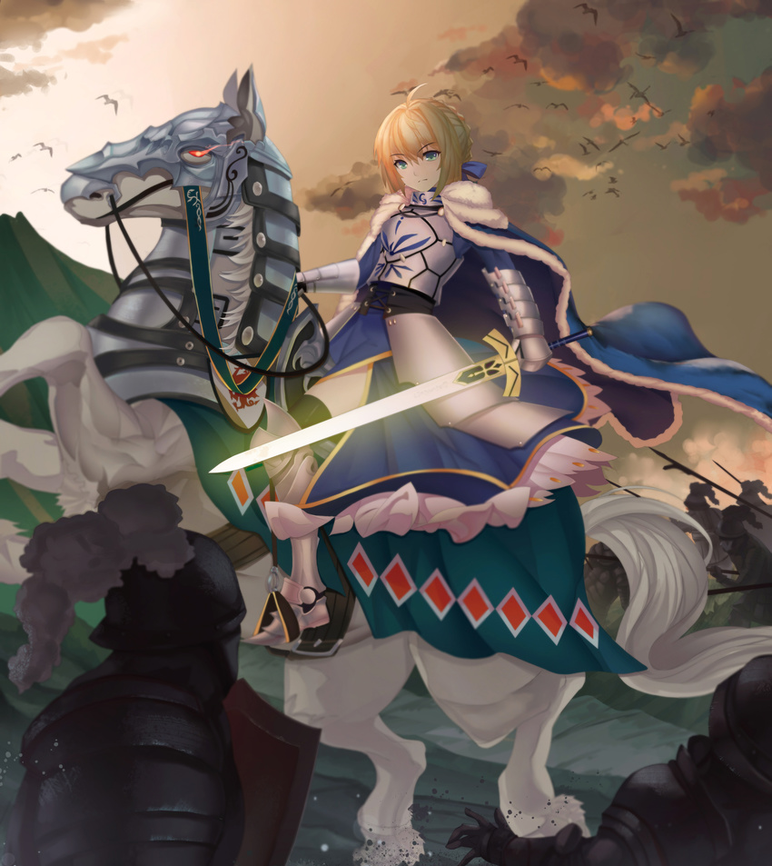 &gt;:( absurdres ahoge armor armored_dress artoria_pendragon_(all) blonde_hair blue_cape blue_ribbon cape closed_mouth commentary_request excalibur fate/stay_night fate_(series) frown full_body fur_trim greaves green_eyes hair_ribbon highres holding holding_sword holding_weapon horse knight looking_at_viewer magician_(china) ribbon riding saber short_hair solo_focus sword v-shaped_eyebrows war weapon
