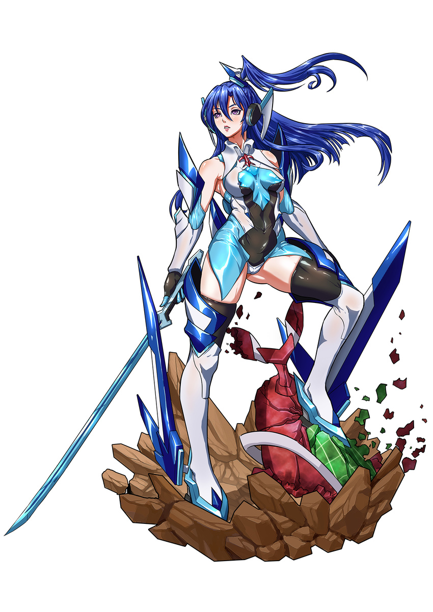armor bare_shoulders blue_hair blush bodysuit boots breasts cameltoe commentary_request covered_navel covered_nipples elbow_gloves faux_figurine full_body gauntlets gloves headgear highres holding holding_sword holding_weapon kazanari_tsubasa knee_boots leotard lips long_hair looking_up medium_breasts noise_(symphogear) one_side_up parted_lips purple_eyes revision rubble senki_zesshou_symphogear shiny shiny_clothes simple_background skin_tight solo standing sword thigh_boots thighhighs weapon white_background white_footwear white_legwear zhen_long