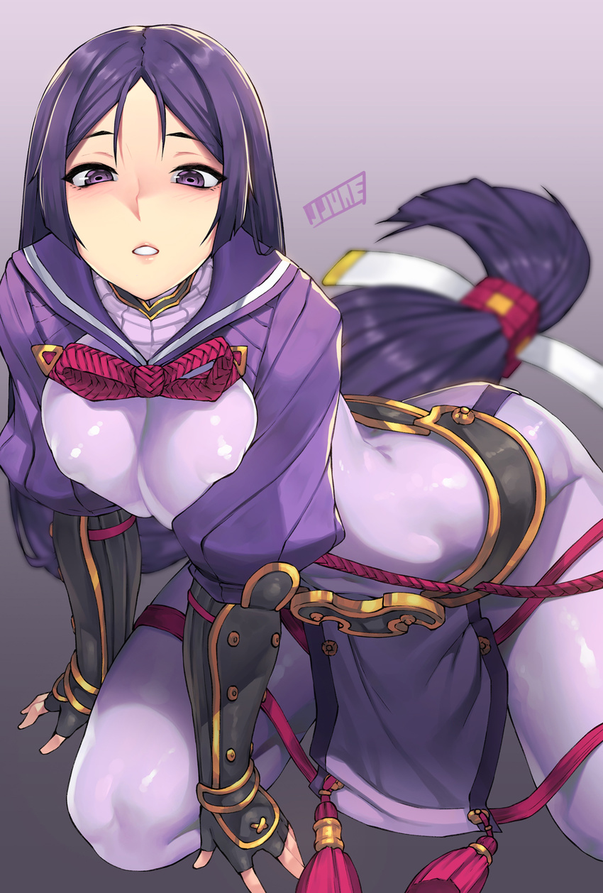 arm_guards arms_at_sides artist_name black_gloves blush bodysuit breasts covered_nipples fate/grand_order fate_(series) fingerless_gloves gloves gradient gradient_background half-closed_eyes highres japanese_clothes jjune kneeling large_breasts long_hair low-tied_long_hair minamoto_no_raikou_(fate/grand_order) parted_lips pelvic_curtain pink_lips purple_bodysuit purple_eyes purple_hair purple_sailor_collar rope sailor_collar shiny shiny_clothes skin_tight smile solo tassel teeth very_long_hair