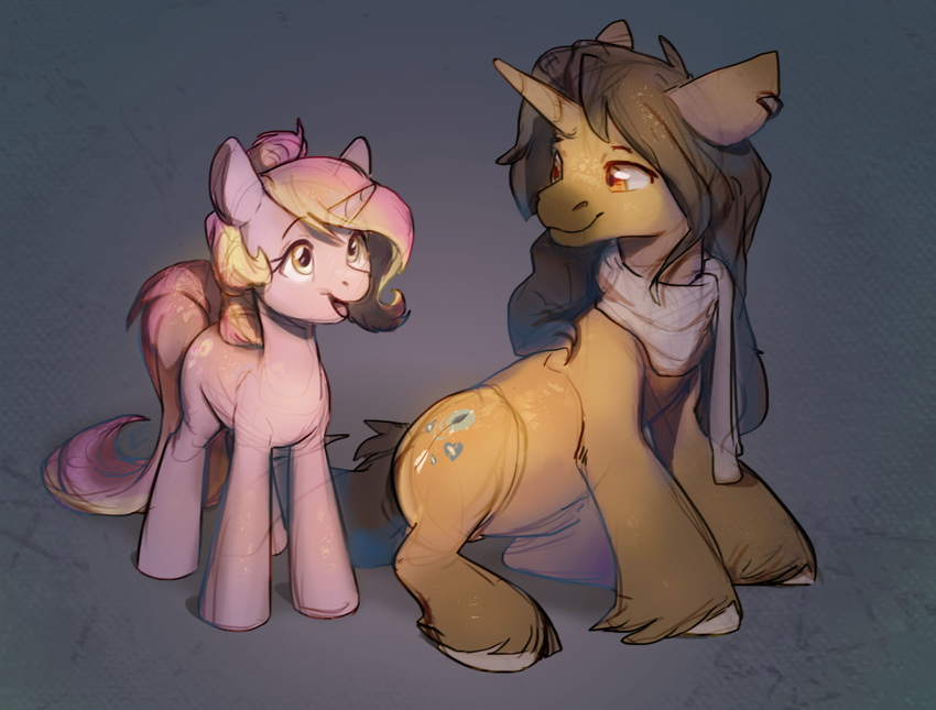 brown_eyes brown_hair cutie_mark duo equine female feral hair hooves horn locksto male mammal my_little_pony pink_eyes pink_hair simple_background smile unicorn
