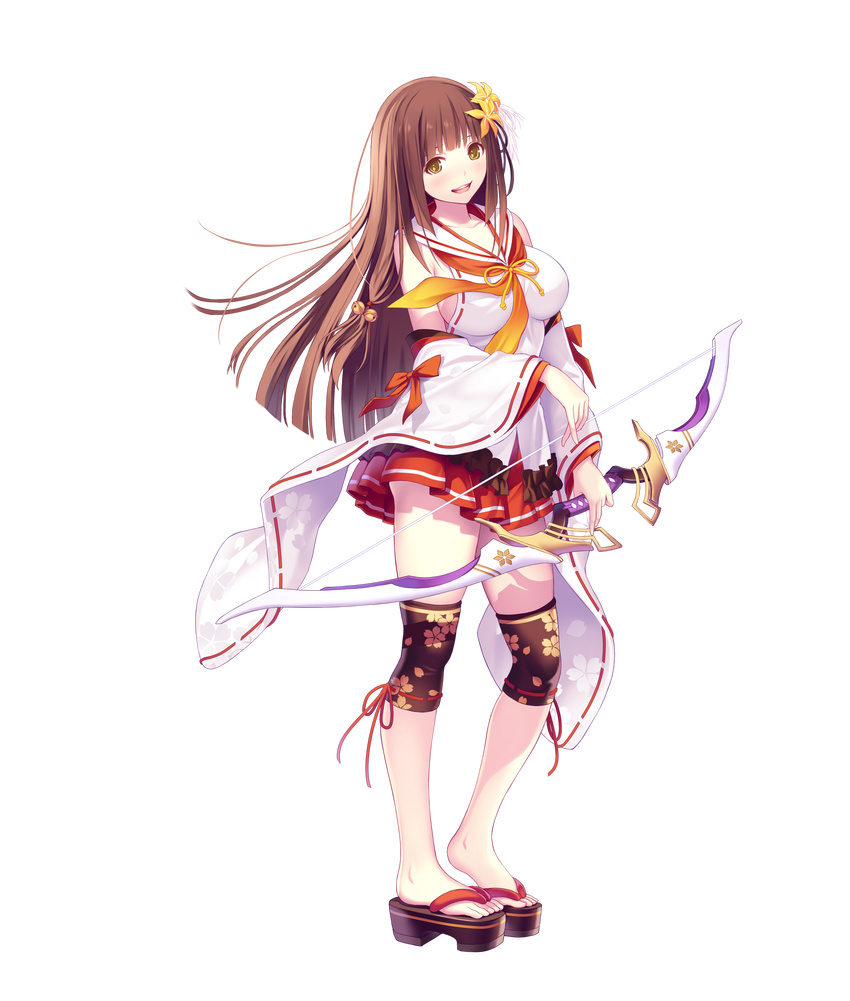 absurdres banned_artist bow_(weapon) breasts brown_hair detached_sleeves floral_print full_body hair_ornament highres holding holding_bow_(weapon) holding_weapon inagawa_mana japanese_clothes knee_pads large_breasts long_hair looking_at_viewer mana_kakkowarai miko nontraditional_miko official_art open_mouth platform_footwear ribbon-trimmed_sleeves ribbon_trim school_uniform serafuku shirt sideboob skirt smile solo transparent_background valkyrie_drive valkyrie_drive_-bhikkhuni- very_long_hair weapon wide_sleeves yellow_eyes