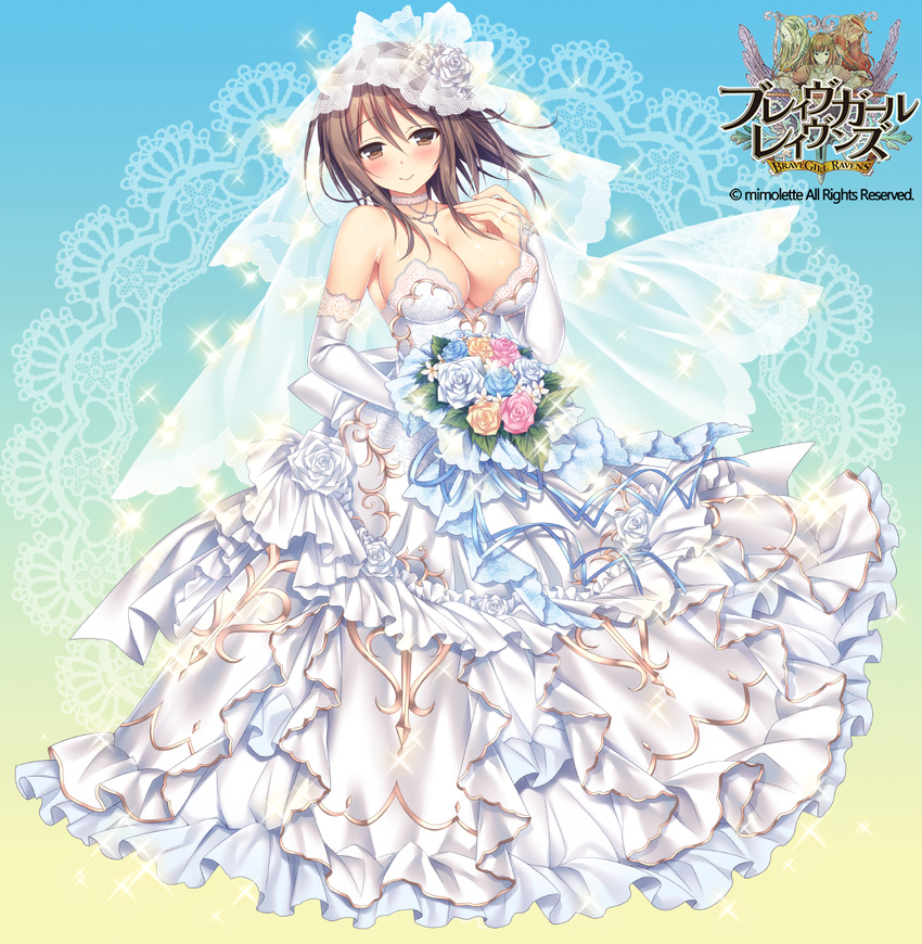 adelite_(brave_girl_ravens) bangs bare_shoulders blush bouquet brave_girl_ravens breasts bridal_veil brown_eyes brown_hair cleavage collar collarbone commentary_request copyright_name dress elbow_gloves eyebrows_visible_through_hair flower full_body gloves gradient gradient_background highres holding jewelry large_breasts logo looking_at_viewer necklace official_art short_hair simple_background smile solo sorai_shin'ya sparkle strapless strapless_dress veil wedding_dress white_dress