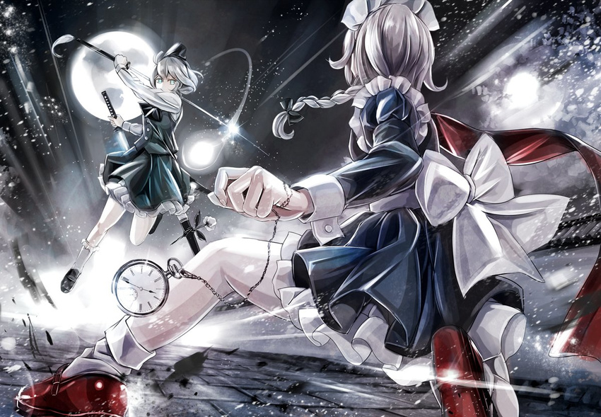 action apron battle blue_dress commentary dress dual_wielding duel from_behind full_moon glint hair_ribbon holding izayoi_sakuya jan_(lightdragoon) juliet_sleeves katana konpaku_youmu konpaku_youmu_(ghost) long_sleeves maid maid_headdress moon multiple_girls pocket_watch puffy_sleeves revision ribbon shirt silver_hair skirt skirt_set sword touhou vest waist_apron watch weapon