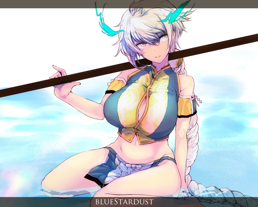 armband braid breasts bursting_breasts cleavage eyebrows_visible_through_hair highres huge_breasts kantai_collection kojima_(blue_stardust) letterboxed light_brown_eyes long_hair looking_away midriff navel parted_lips partially_submerged polearm side_slit silver_hair single_braid sitting skirt solo unryuu_(kantai_collection) very_long_hair wariza weapon