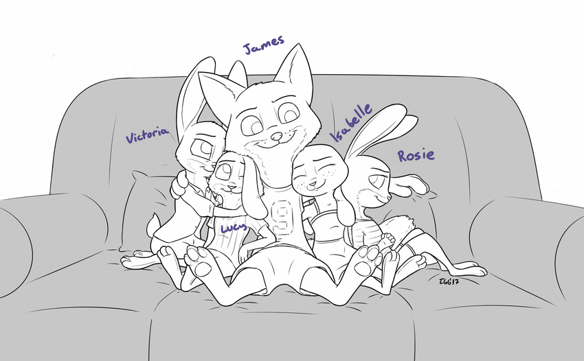 2017 :3 anthro canine clothed clothing cub disney ear_over_eye english_text fan_character female fox group hug kneeling lagomorph male mammal rabbit reclining restricted_palette simple_background sitting smile sofa text tggeko white_background young zootopia
